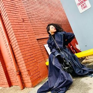 Blue denim custom made vixen trench coat with removable panel